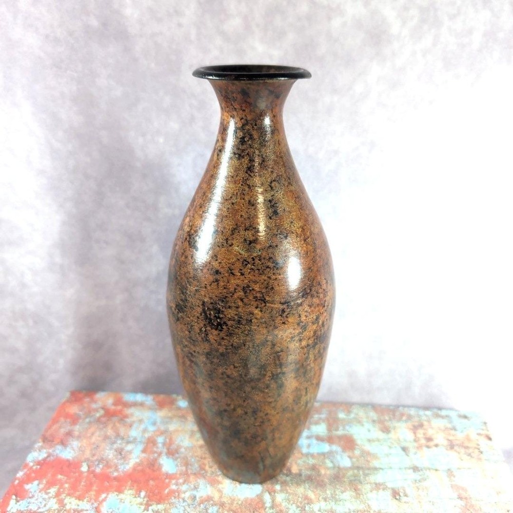 Vintage 9.5" Metal Vase Mottled Brown Black Modern Decor Minimalist Industrial